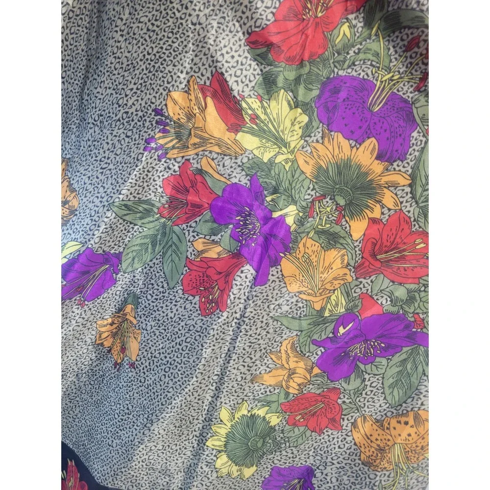 Vtg Style Leopard‎ and Floral Print Square Scarf Black trim 35x44